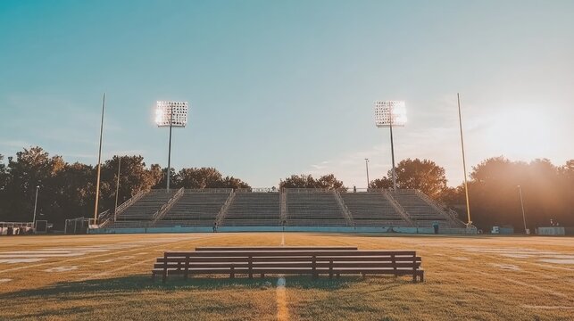 High school football field under the bright stadium lights, with empty bleachers and goalposts, creating a quiet moment before the game.