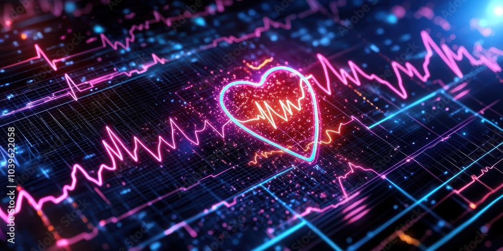 Poster digital heart rate monitor with neon heart and pulse lines on a dark background.