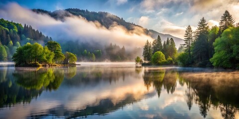 Fototapeta premium Ethereal Mist Hovering Above Serene Lake Surface Creating a Dreamlike Atmosphere in Nature's Beauty