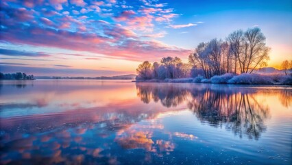 Fototapeta premium Early Dawn Breaks Over the Lake's Glassy Expanse Creating a Serene and Peaceful Atmosphere