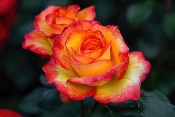 Red garden roses with yellow patterns blooming in Bandung.