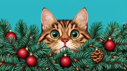 Festive Cat Peeking Through Christmas Tree Branches
