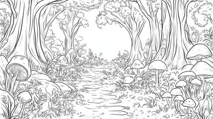 Obraz premium A magical forest path filled with whimsical mushrooms and lush greenery, inviting exploration on a tranquil day, coloring page