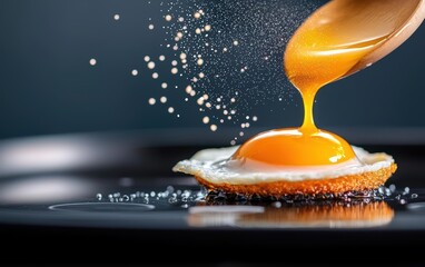 Fresh egg yolk being poured from spoon onto crispy fried egg, dark background.