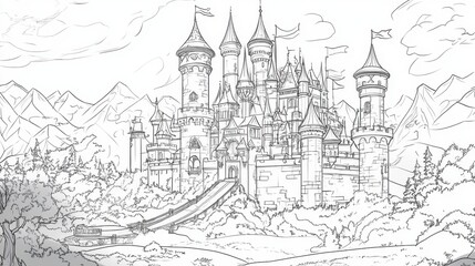 A whimsical castle nestled among majestic mountains, inviting imagination in a serene landscape at twilight, coloring page