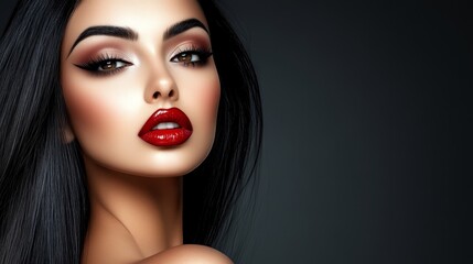 Fototapeta premium A woman with long black hair wears a red lipstick and a red dress