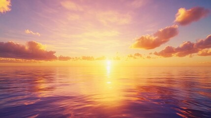 Obraz premium A serene landscape showcasing a breathtaking sunset with golden hues reflecting on the calm ocean waters, creating a tranquil and picturesque scene.