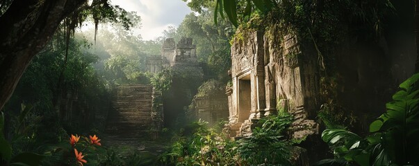 The Ancient Ruins of Tikal in Guatemala Surrounded by Dense Jungle Foliage and Sunlight Filtering Through the Canopy