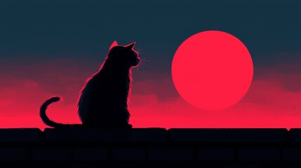 Black Cat Silhouette Against Red Sunset