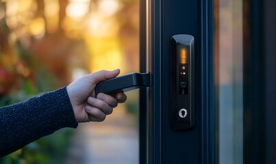 A hand reaches for a modern, sleek door handle, opening a door to a home with a blurred sunset background.