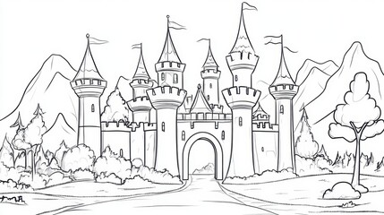 A whimsical castle surrounded by mountains and trees in a magical land filled with imaginary adventures and vibrant colors, coloring page