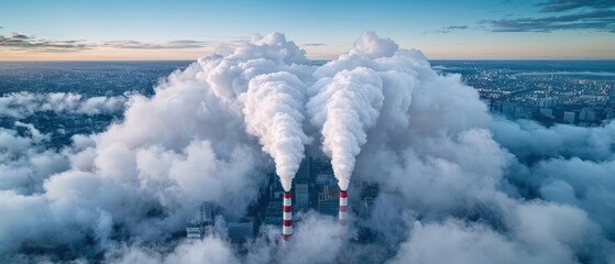 Industrial smoke stacks emitting steam into the sky, aerial view over clouds.