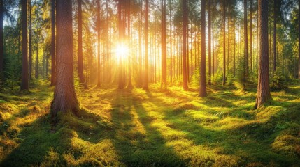 Obraz premium Sundrenched forest, a captivating display of light and shadow through the trees