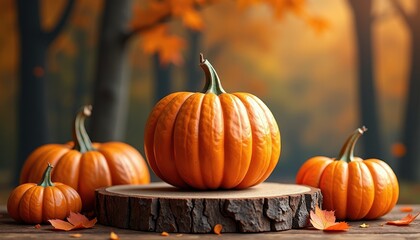 Rustic pumpkin-inspired product podium featuring autumn colors for a captivating Halloween-themed showcase.