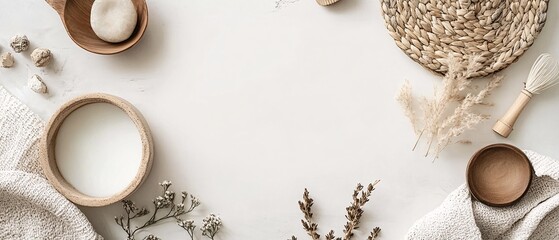 Explore a serene handmade crafting display featuring natural elements, perfect for branding and mockups. Ideal for creative projects and artistic inspiration.