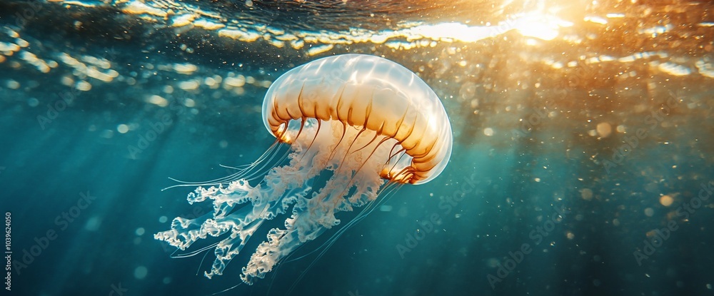 Poster a jellyfish with long tentacles floats in the ocean, illuminated by sunlight streaming through the s