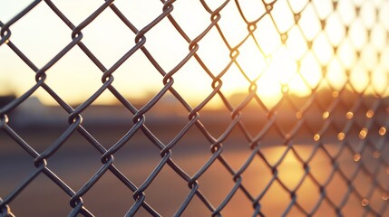 Fototapeta premium Golden sunset through chain link fence, a captivating blend of light and shadow golden