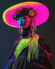 Avant garde fashion model wearing neon costume with vibrant colors