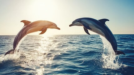 Fototapeta premium Two dolphins arch in a synchronized leap from golden waters, creating a heart shape in the air, with splashes shimmering under the sunset light.