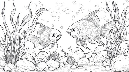 Two playful goldfish exploring a vibrant underwater garden filled with aquatic plants and stones in a tranquil aquatic setting, coloring page