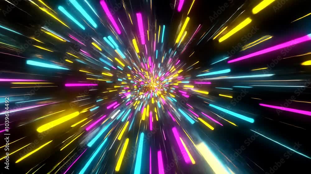 Poster colorful neon lines move quickly through a black background, creating a sense of motion and speed