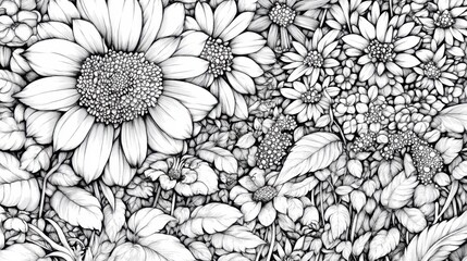 Obraz premium A detailed black and white floral illustration featuring sunflowers and daisies in a lush garden setting during springtime, coloring page