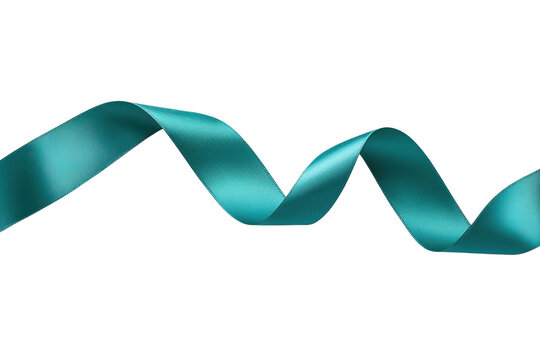 Elegant teal ribbon with a smooth satin texture, curled in a wavy pattern against a transparent background. Perfect for design elements.