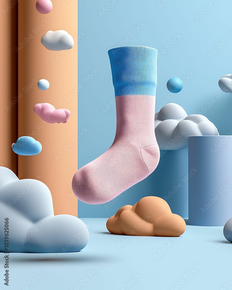 Poster national sock day whimsical sock design surrounded by colorful clouds and soft shapes in a playful s