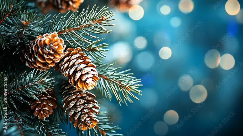 Poster pine cones dusted with snow hang on a branch against a blue and white bokeh background
