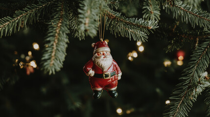 A festive Santa Claus ornament hanging on a decorated Christmas tree, illuminated by warm holiday lights in the background.

