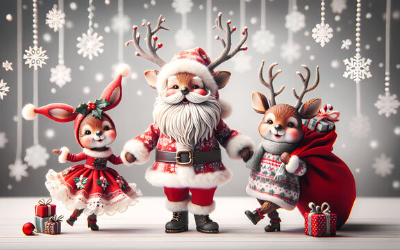 Ein Nikolaus im Schneewald mit kleinen Rentier-Kindern, weihnachtlich gekleidet
