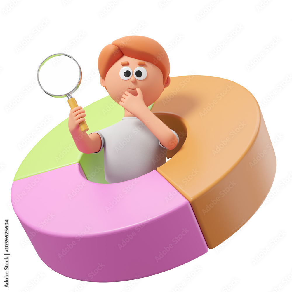 Poster a cartoon character with a magnifying glass is in the middle of a colorful segmented doughnut chart 