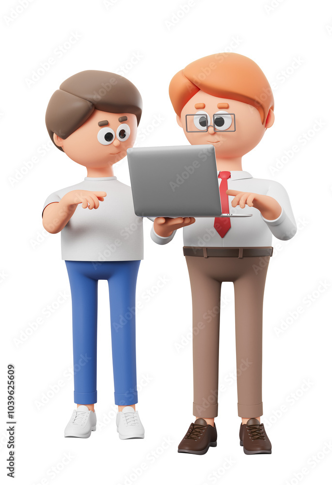 Poster two cartoon characters working together on a laptop, one pointing at the screen. isolated on a white