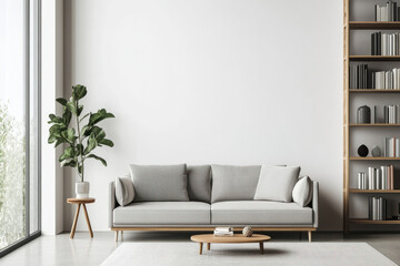 Fototapeta premium modern living room featuring stylish gray sofa with cushions, wooden coffee table, and tall bookshelf filled with books. potted plant adds touch of greenery to serene space