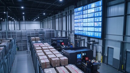A large warehouse with rows of boxed products on a conveyor belt moving towards a machine. A large screen with multiple monitors displays information, while workers monitor the process.