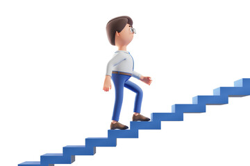 Cartoon character climbing a set of blue stairs, isolated on a white background. Concept of progress, development, growth. 3D Rendering