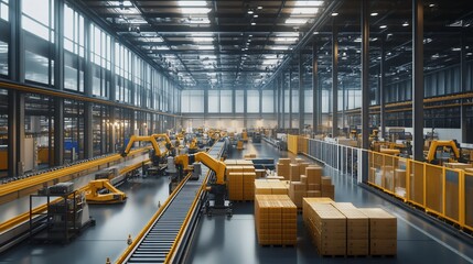 A large warehouse with yellow robotic arms on an assembly line, moving boxes and other goods.