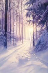A peaceful watercolor illustration of a snowy winter forest at dawn, with soft sunlight filtering through the trees and casting long shadows on the snow-covered ground