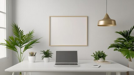Stylish minimalist workspace featuring a mock-up frame on the wall for creative inspiration and organization.