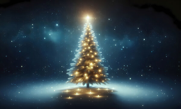 Weihnachtsbaum mit wei&szlig;em Licht auf dunkelblauem Hintergrund, copy space