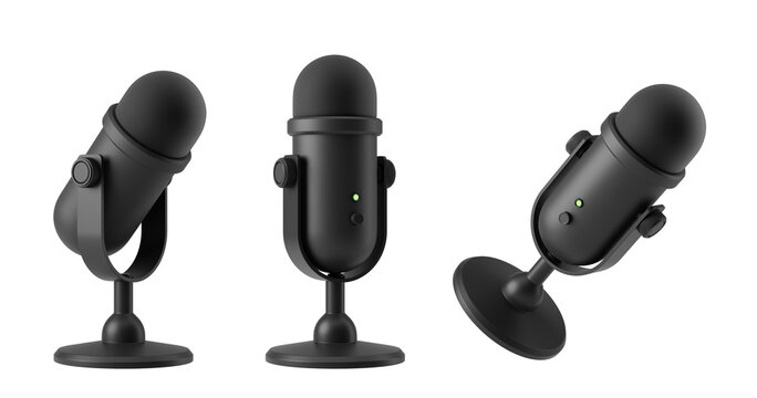 Three black microphones in different positions isolated on a white background, shown in a 3D outlay. Concept of sound recording equipment. 3D Rendering.