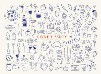 Contemporary minimalist line art illustrations for dinner party event. Hand drawn food, candles, drinks and decor doodles. Coquette ink menu design. Vector graphic