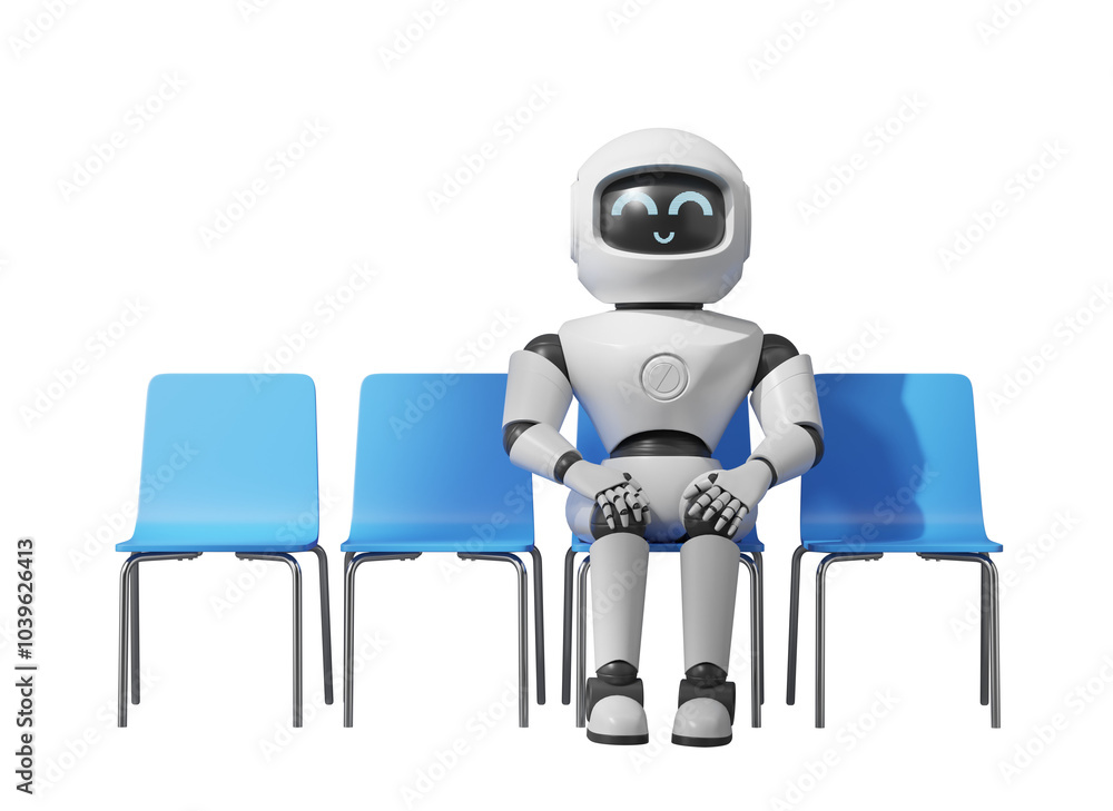 Poster a robot sitting on a blue chair surrounded by three empty chairs, isolated on a white background. co