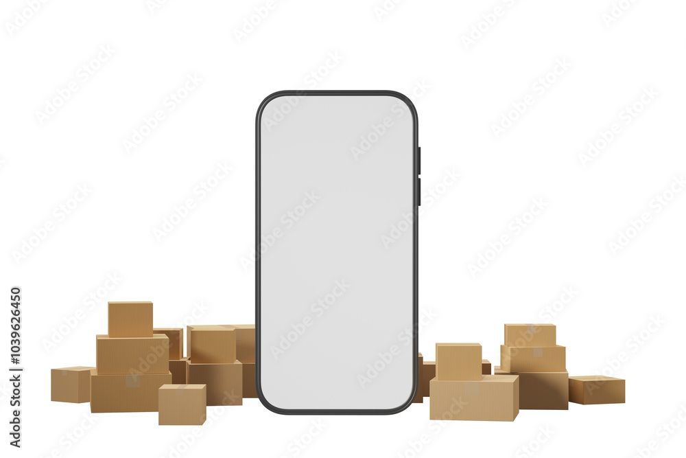 Poster a smartphone mockup with a blank screen surrounded by cardboard boxes, isolated on a white backgroun
