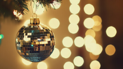 A close-up of a reflective disco ball ornament hanging on a Christmas tree, illuminated by soft, festive lights in the background.
