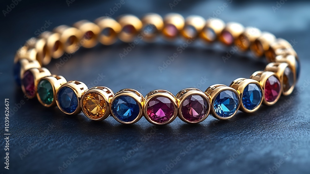 Poster modern 3d gold bracelet adorned shimmering gemstones displayed on a minimalist matte background wher