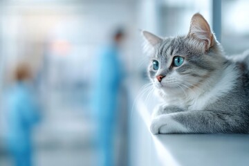A relaxed grey cat observes veterinary staff in a clinic during a calm afternoon