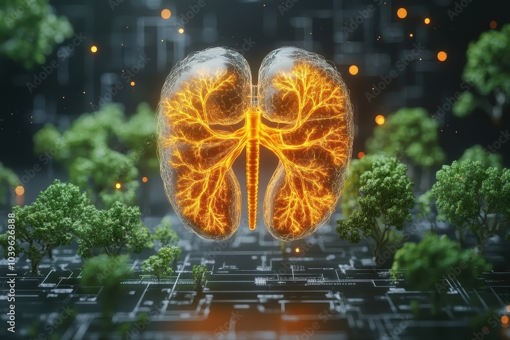 Aufkleber digital representation of a glowing lung surrounded by trees and technology at dusk