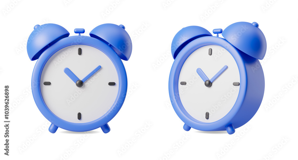 Aufkleber two blue alarm clocks displayed on a white background. minimalistic style. time concept, isolated ob