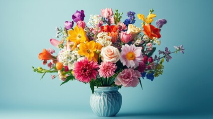 A vibrant bouquet of colorful flowers arranged in a blue vase, showcasing nature\'s beauty indoors